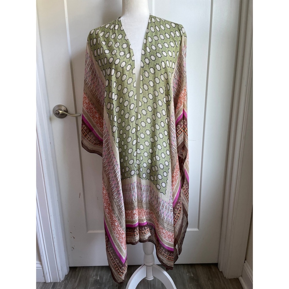 One Hundred Stars Moorish Green Throwover Kimono Beach Viscose Resort Boho OS